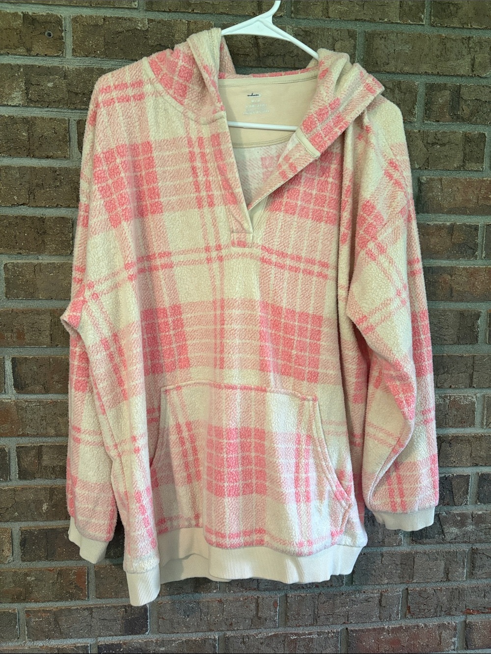 Aerie Snowed In Pink and Cream Plaid Fleece Hoodie